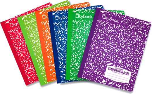 SKYBOOK composition books in purple, red, orange, green and blue